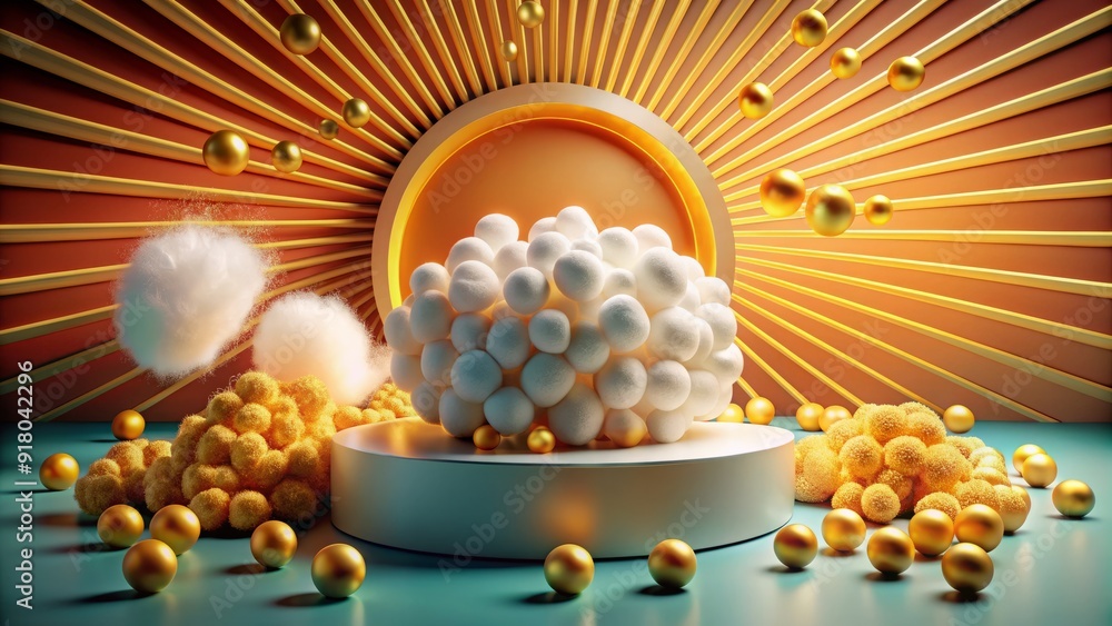 Obraz premium Golden kernels bursting into fluffy white puffs in front of a circular, colorful, and modern design element, symbolizing entertainment, fun, and cinematic experiences.