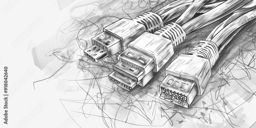 Obraz premium Three cables with connectors on white background.