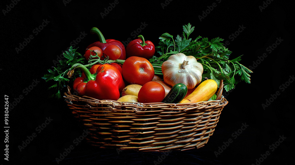 Basket of fruits and vegetables isolated on black background Basket of fruits and vegetables isolated on black background