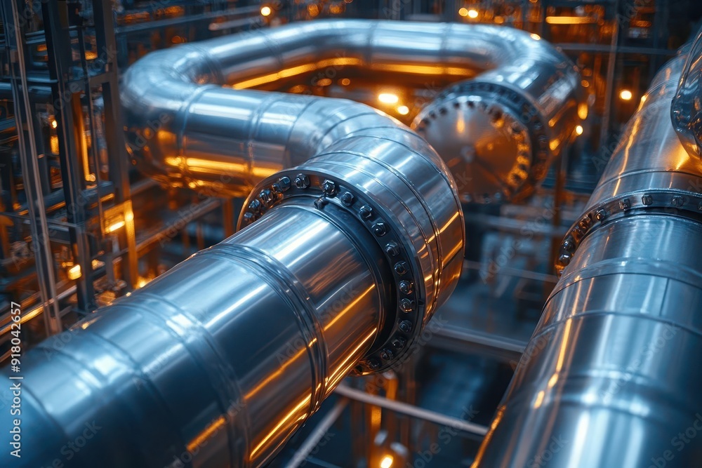 intricate network of industrial pipelines gleaming metal tubes twisting through a vast factory landscape intricate network of industrial pipelines gleaming metal tubes twisting through a vast factory landscape