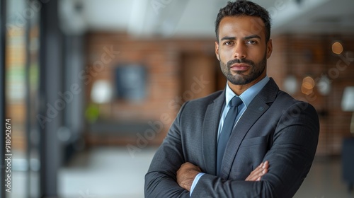 Dressed in a tailored suit, a confident man poses with arms crossed in a modern office environment during daylight hours