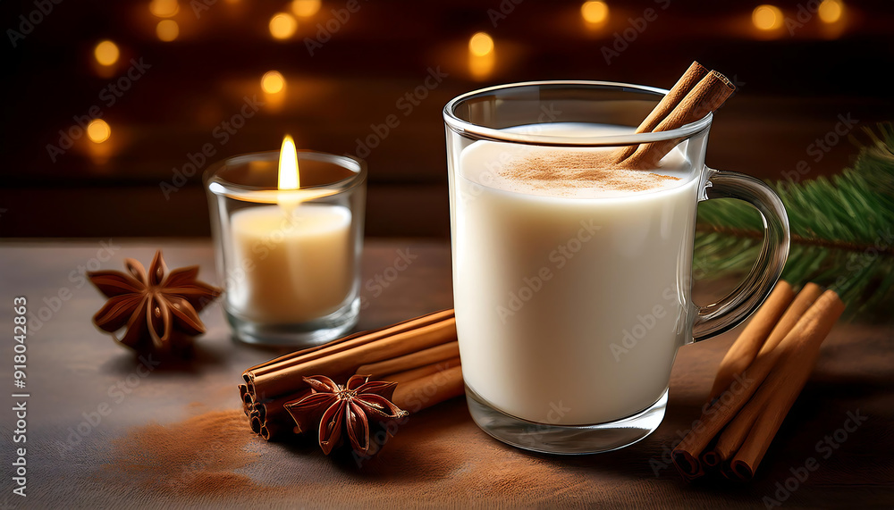 glass milk cinnamon sticks lit candle adding warmth setting glass milk cinnamon sticks lit candle adding warmth setting