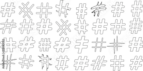 Hand drawn hashtag symbols in diverse style monochrome collection. Ideal for social media, design, and illustration projects