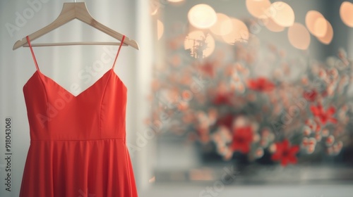 Elegant Red Dress Hanging in Boutique With Floral Background