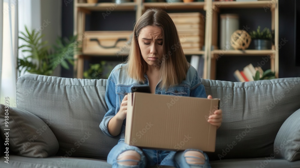 Naklejka premium Sad woman holding a cardboard box, feeling down after receiving bad news.