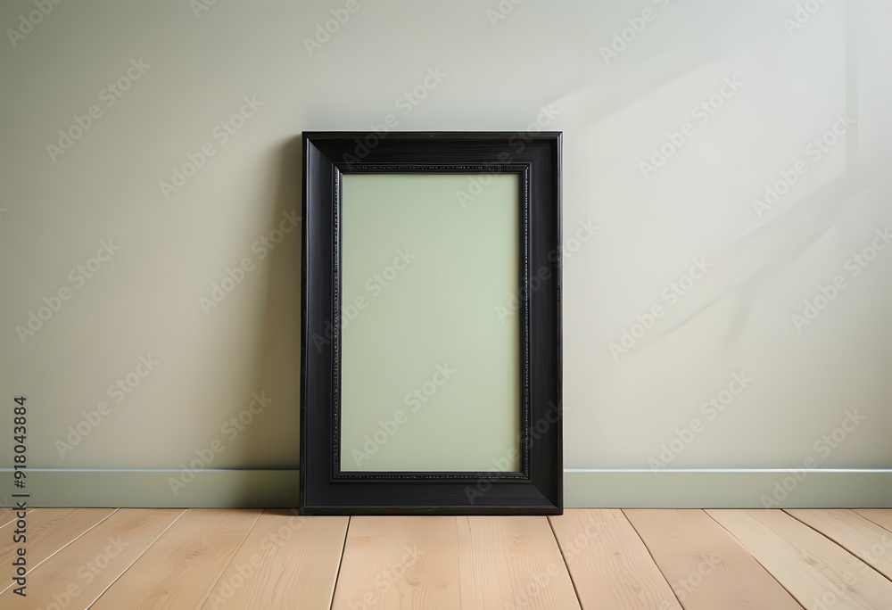 A black picture frame on a wooden floor against a white wall A black picture frame on a wooden floor against a white wall
