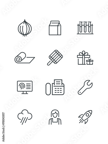Bar chart, Chili pepper, Cleaning lady, Cloud rain, Coffee beans, Crib baby, set of icons for web