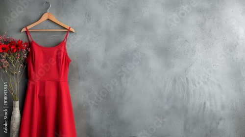 Elegant Red Dress Hanging in Boutique With Floral Background