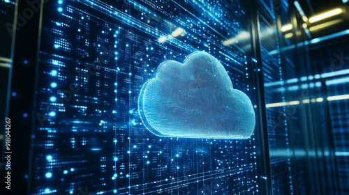 Illustration of cloud computing. Digital cloud computing concept background. Cyber ​​technology. Internet data storage. Binary code. Database and mobile server concept. photo