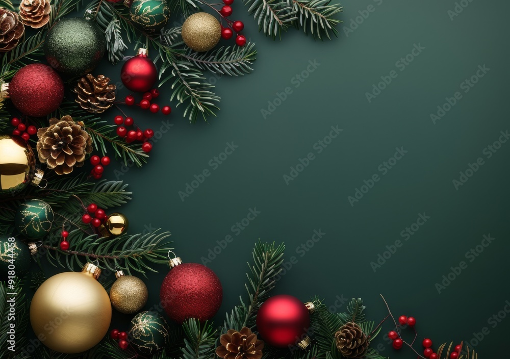 Christmas banner with green, red, and gold decorations on a dark green background, designed for greeting cards or invitations, offering ample copy space. Christmas banner with green, red, and gold decorations on a dark green background, designed for greeting cards or invitations, offering ample copy space.