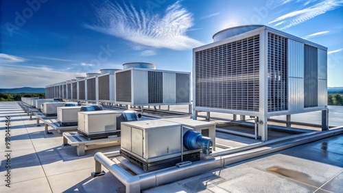 Modern rooftop commercial HVAC system installation with rows of metal ducts, vents, and condenser units against a clear blue sky, depicting industrial efficiency.