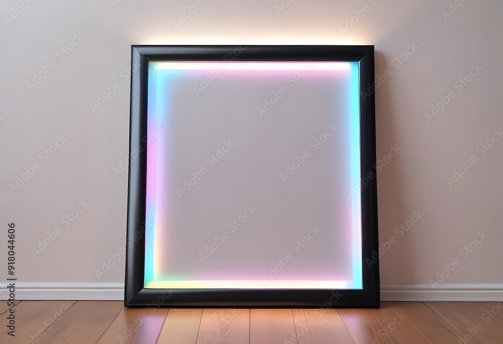 A black picture frame on a wooden floor against a white wall A black picture frame on a wooden floor against a white wall
