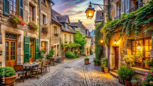 Narrow cobblestone street lined with ancient stone buildings, charming cafes, and vintage street lamps in a picturesque French town, exuding classic European charm.