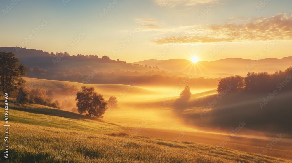 Obraz premium A tranquil rural scene with the sun rising behind rolling hills and fields, with early morning mist adding a soft, ethereal quality to the landscape.