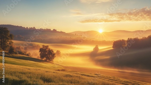 A tranquil rural scene with the sun rising behind rolling hills and fields, with early morning mist adding a soft, ethereal quality to the landscape.