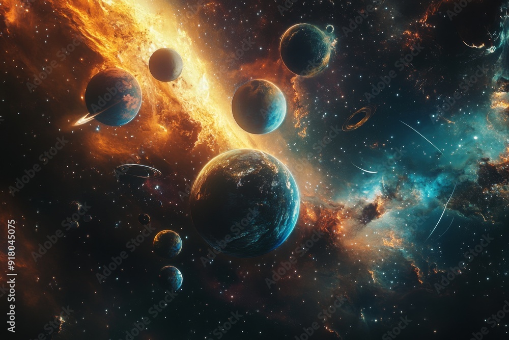 Cosmic Creation: A Unique Astronomical Concept Featuring an Array of Planets in Diverse Colors and Sizes, Emblematic of the Drama of Outer Space and the Birth of the Universe. Cosmic Creation: A Unique Astronomical Concept Featuring an Array of Planets in Diverse Colors and Sizes, Emblematic of the Drama of Outer Space and the Birth of the Universe.