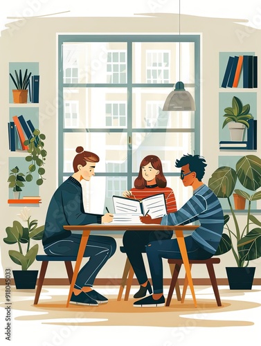 Study group, students preparing for exams, flat design illustration