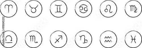 Zodiac signs icons. Aries, leo, gemini, taurus, scorpio, aquarius, pisces, sagittarius, libra, virgo, capricorn and cancer. Vector illustration