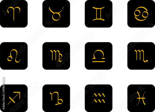 Zodiac signs icons. Aries, leo, gemini, taurus, scorpio, aquarius, pisces, sagittarius, libra, virgo, capricorn and cancer. Vector illustration