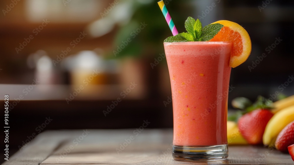 A vibrant smoothie in a tall glass garnished with fresh fruit slices and mint leaves, served with a colorful straw and set on a stylish wooden table. A vibrant smoothie in a tall glass garnished with fresh fruit slices and mint leaves, served with a colorful straw and set on a stylish wooden table.