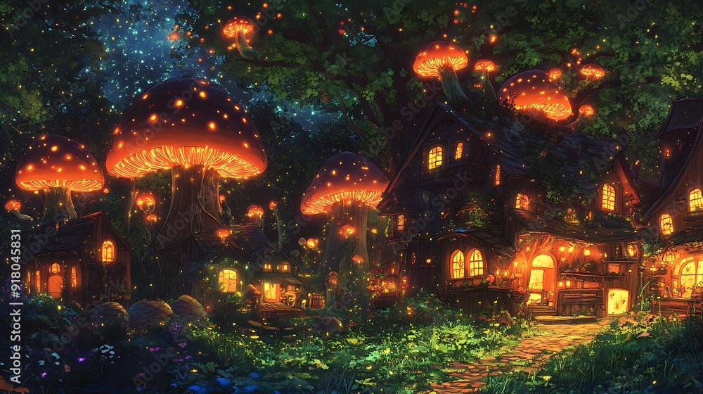 Enchanting Mushroom Village at Night. Enchanting Mushroom Village at Night.