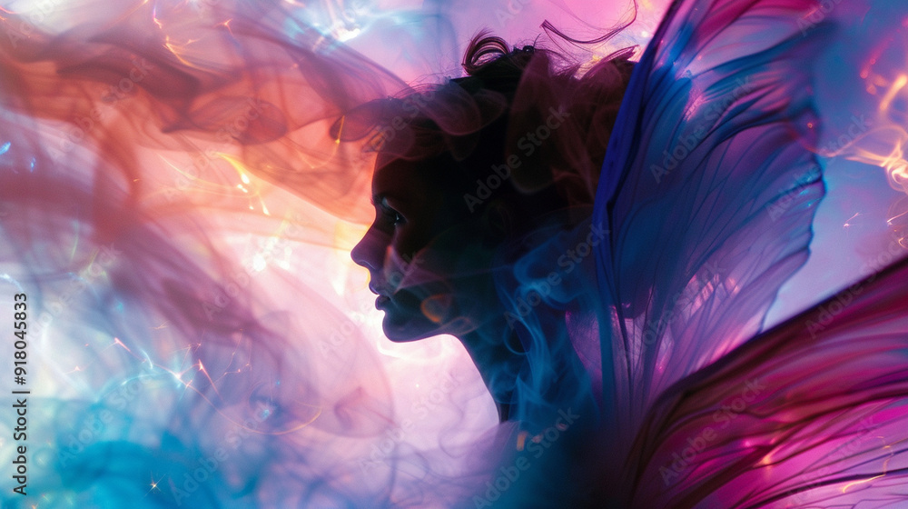 Abstract close-up of a fairy surrounded by swirling colors and light, with her wings gently fluttering Abstract close-up of a fairy surrounded by swirling colors and light, with her wings gently fluttering