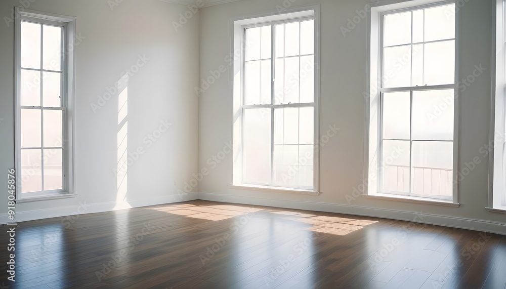 Empty room with large windows, hardwood floors, and teal curtains Empty room with large windows, hardwood floors, and teal curtains