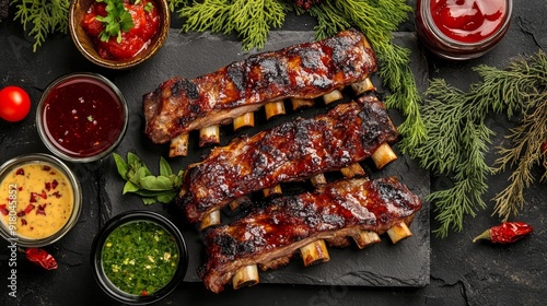 A vibrant top-down image of grilled pork ribs served with a variety of dipping sauces and garnishes, arranged attractively on a festive table setting, ready for a meal.