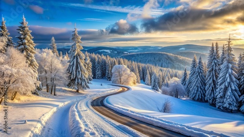 Serene winter landscape featuring a winding road blanketed in fresh snow, surrounded by snow-laden trees and rolling hills under a soft blue sky. photo