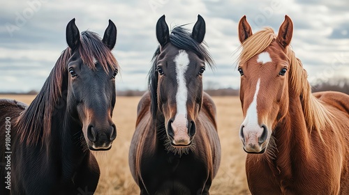 Three horses, a black one with a white blaze on its face, a brown one with a white blaze on its face, and a chestnut one, stand side by side in a field, looking directly at the camera.