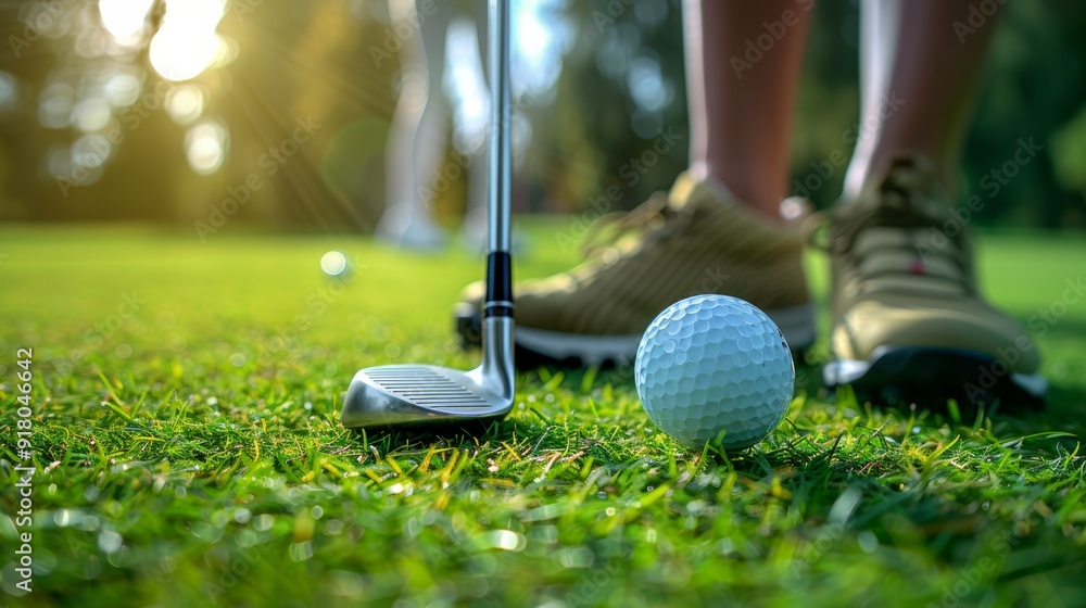 Fototapeta premium Golfer preparing to strike a ball on a sunny day at the golf course