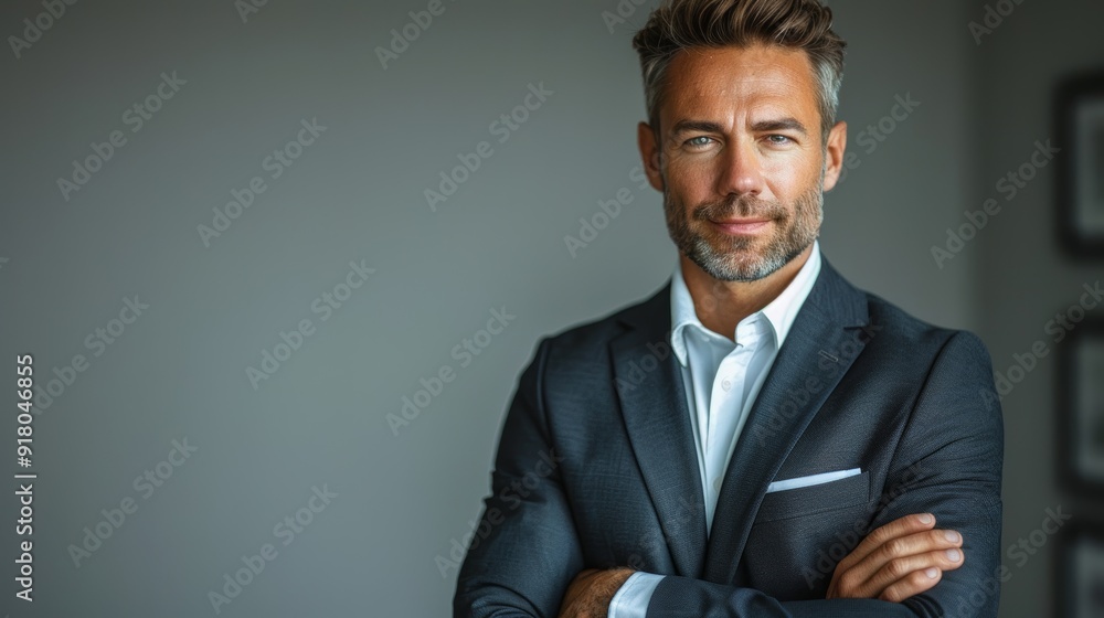Confident businessman in a suit poses with folded arms in a modern office Confident businessman in a suit poses with folded arms in a modern office