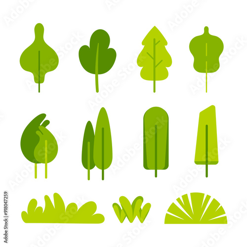 Collection of simple stylized green trees and bushes, perfect for representing nature in a simplified way