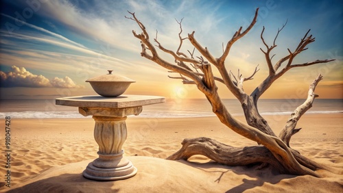 Sophisticated beach scene featuring a stone pedestal on sand with a weathered tree branch, set against a warm beige background, perfect for elegant designs.