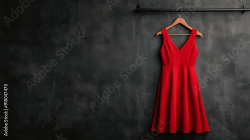 Elegant Red Dress Hanging in Boutique With Floral Background