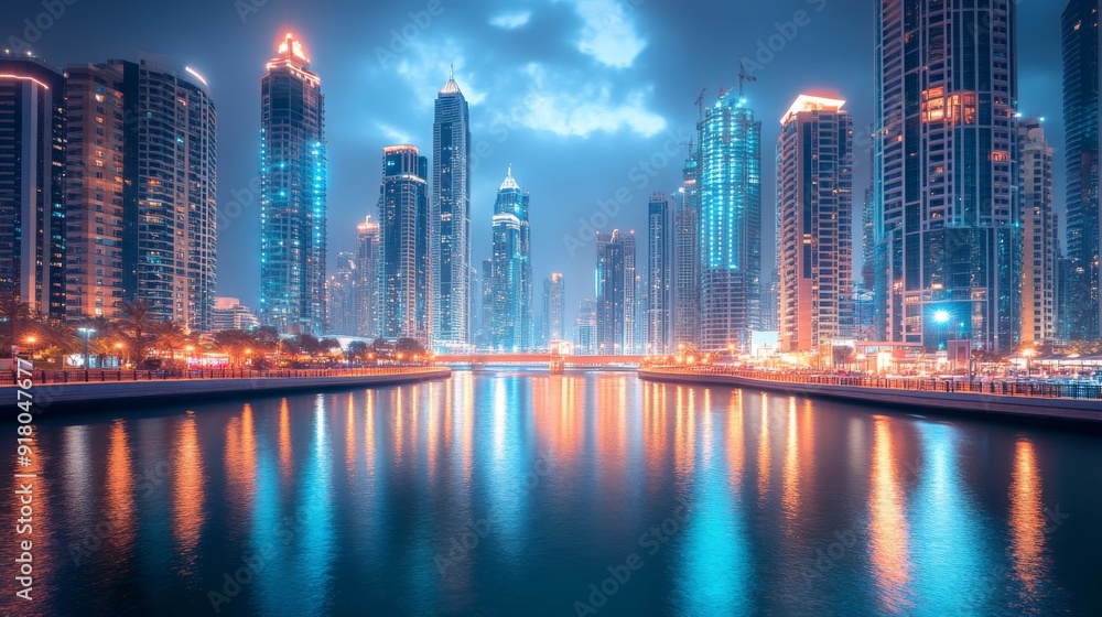 Fototapeta premium A wide shot of gleaming tall buildings next to a river, with vibrant city lights and a clear reflection in the calm water, capturing the beauty of urban architecture.