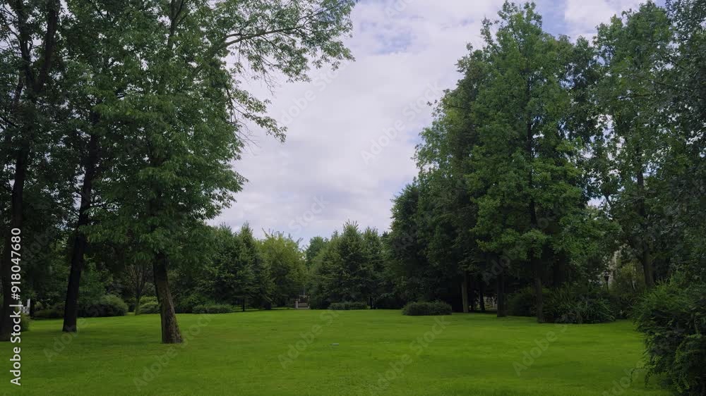 A serene landscape of a peaceful park, captured in wide-angle view, showcasing lush green trees and a vast, open grass field under a partly cloudy sky. The natural beauty of the park is highlighted by A serene landscape of a peaceful park, captured in wide-angle view, showcasing lush green trees and a vast, open grass field under a partly cloudy sky. The natural beauty of the park is highlighted by