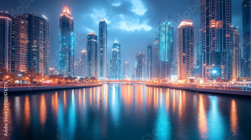 A wide shot of gleaming tall buildings next to a river, with vibrant city lights and a clear reflection in the calm water, capturing the beauty of urban architecture.