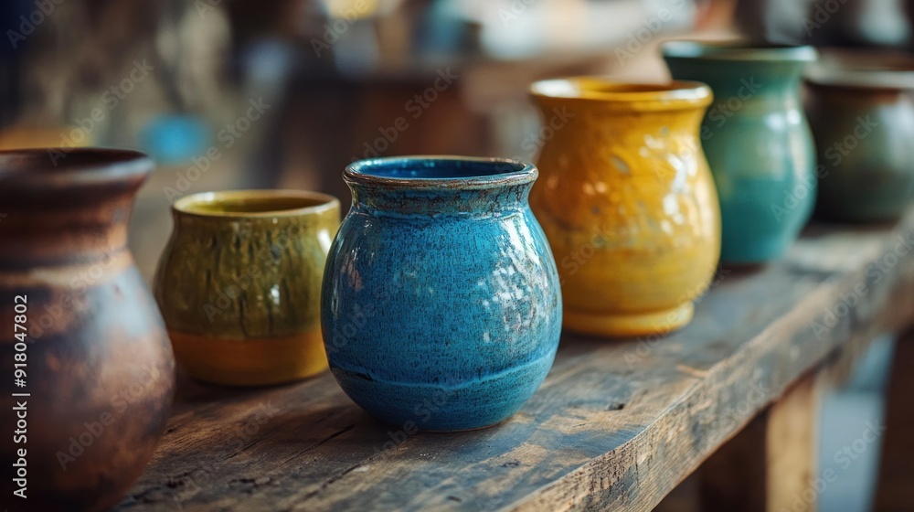 A row of colorful ceramic pots on a wooden table A row of colorful ceramic pots on a wooden table