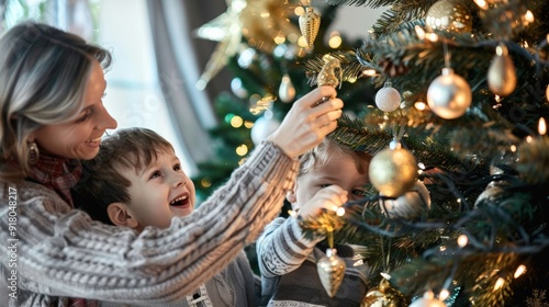 A cozy image of families decorating the Christmas tree with garlands and tinsel, getting into the festive spirit and traditions.