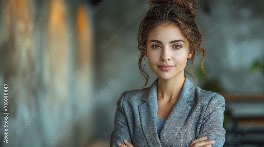 Young woman in a gray suit with a confident smile, standing indoors in a modern setting during the day Young woman in a gray suit with a confident smile, standing indoors in a modern setting during the day