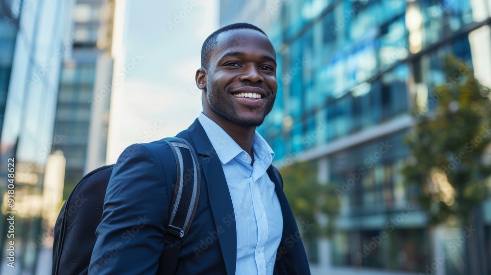 Happy Businessman Walking to Office Building on City Commute Generative AI Happy Businessman Walking to Office Building on City Commute Generative AI