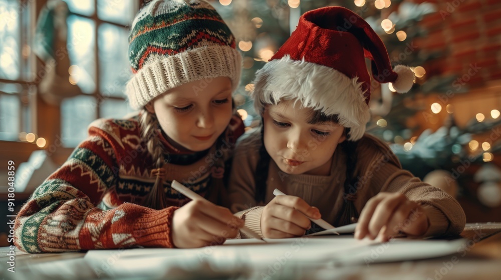 Joyful photo of children writing letters to Santa Claus, capturing their excitement and festive anticipation for Christmas. Joyful photo of children writing letters to Santa Claus, capturing their excitement and festive anticipation for Christmas.