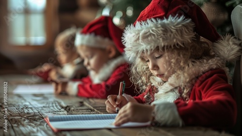 Joyful photo of children writing letters to Santa Claus, capturing their excitement and festive anticipation for Christmas. photo