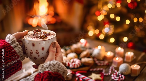 Wallpaper Mural Warm image of family and friends enjoying hot cocoa by a crackling fireplace, celebrating the cozy joy of the holiday Christmas season. Atmospheric festive background. Torontodigital.ca