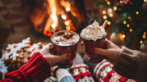 Warm image of family and friends enjoying hot cocoa by a crackling fireplace, celebrating the cozy joy of the holiday Christmas season. Atmospheric festive background.