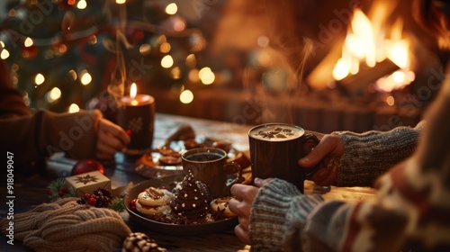 Warm image of family and friends enjoying hot cocoa by a crackling fireplace, celebrating the cozy joy of the holiday Christmas season. Atmospheric festive background.