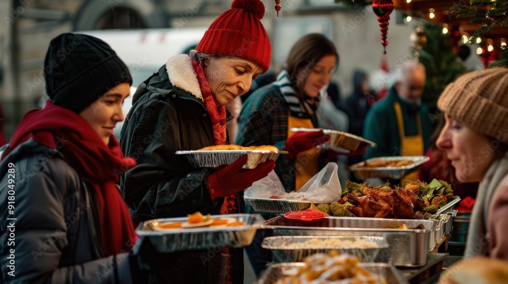 Festive Christmas photo of a joyful mixed race woman volunteering at a charity spreading holiday cheer and helping those in need at a soup kitchen. Festive Christmas photo of a joyful mixed race woman volunteering at a charity spreading holiday cheer and helping those in need at a soup kitchen.