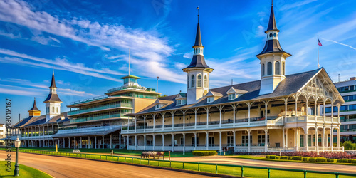 Historic Churchill Downs racetrack, home of the Kentucky Derby, stands majestically against a vibrant blue sky in Louisville, Kentucky.