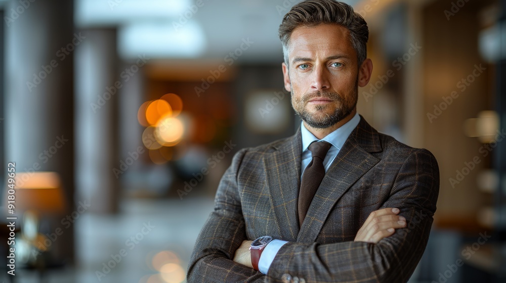 Confident businessman in a suit stands with arms crossed in a modern office lobby during the day Confident businessman in a suit stands with arms crossed in a modern office lobby during the day